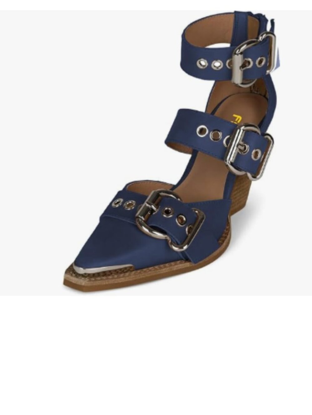 FSJ Blue Pointed Toe Buckle Strappy Block Heel Sandals